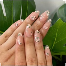 Trend Vitrin Takma Tırnak - Yeşil Çiçek - Oval - Jel - 3D Nail Art Baskılı