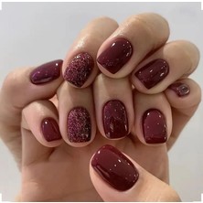 Trend Vitrin Kadın Kırmızı Simli Küt Jel 3D Nail Art Baskılı Design Takma Tırnak