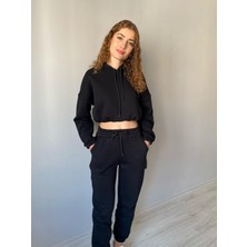 Nice Boutique 3 Iplik Şardonlu Crop Kadın Eşofman Takımı Siyah
