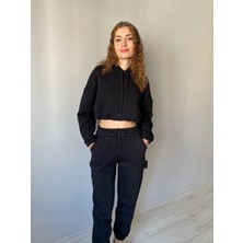 Nice Boutique 3 Iplik Şardonlu Crop Kadın Eşofman Takımı Siyah