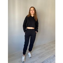 Nice Boutique 3 Iplik Şardonlu Crop Kadın Eşofman Takımı Siyah