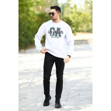 JOHN BORNERS Erkek Oversize Sweatshirt Kar Melanj Ribanalı Bisiklet Yaka Los Angeles Baskılı - 10017