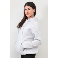 Kadın Kapüşonlu Oversize Sweatshirt Üç İplik Kanguru Cepli Kar Melanj Hoodie - 2502