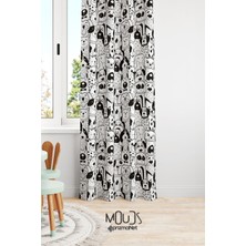 Moud's Siyah Köpekler Desenli Fon Perde Çocuk ve Bebek Odası Süet Dijital Baskılı Ekstrafor Büzgü Tek Kanat