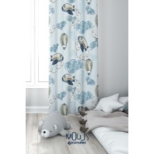 Moud's Mavi Uçak Desenli Fon Perde Çocuk ve Bebek Odası Süet Dijital Baskılı Ekstrafor Büzgü Tek Kanat