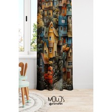 Moud's Eski Şehir Desenli Fon Perde Çocuk ve Bebek Odası Süet Dijital Baskılı Ekstrafor Büzgü Tek Kanat