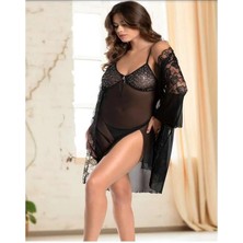 Royam Real Passione Kadın Siyah Dantelli Üçlü Tül Gecelik Sabahlık Takım 8089