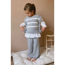 Miniğimin Cicileri Sarmal Çizgi Detaylı Gömlekli Bağlamalı 3 Lü Triko takım - Gri