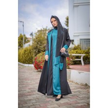 Harika Wear Turkuaz ve Siyah Renkte 3 Parçalı Takimi (Abaya-Elbise-Şal)