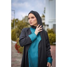 Harika Wear Turkuaz ve Siyah Renkte 3 Parçalı Takimi (Abaya-Elbise-Şal)