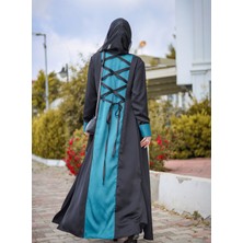 Harika Wear Turkuaz ve Siyah Renkte 3 Parçalı Takimi (Abaya-Elbise-Şal)
