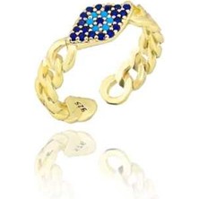 Midyat Gümüş Dünyası Mekik Model Nazarlı Yüzük Altın Kaplama