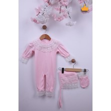 Babyhola %100 Pamuk Kız Bebek Şapkalı Eldivenli Güpürlü Bayramlık Şık Tulum 3658