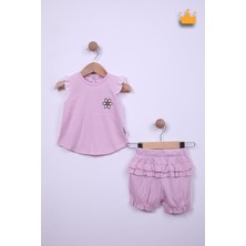 Babyhola %100 Pamuk Kız Bebek Papatya Nakışlı Kolları Güpürlü Şortlu Takım 3662