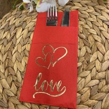 Love Gold Yaldızlı Cepli Peçete Kırmızı Lüks (12 Adet)