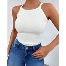 Janes Giyim Kadın Beyaz Kalın Askılı Kaşkorse Kumaş  Bluz