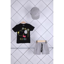 Babyhola 3'lü Tişört Keten Şort Şapka Erkek Bebek Çocuk Bayramlık Alt Üst Takım Elbise 02111