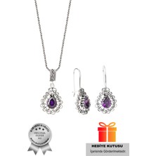 925 Ayar Gümüş Taşlı Damla Model Oksitli Telkari Kadın Set (Özel Kutulu)