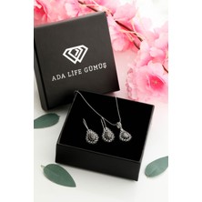 925 Ayar Gümüş Taşlı Damla Model Oksitli Telkari Kadın Set (Özel Kutulu)