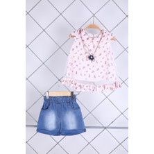 Babyhola 2-5 Yaş Kolyeli Bluz Kot Şort Yazlık Şık Kız Çocuk Bayramlık Takım 10081