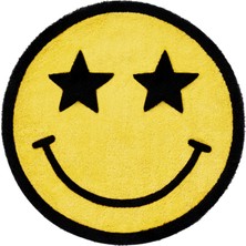 Miqna Studio Gülen Yüz Yıldız Göz Emoji Halı, El Yapımı, Yıkanabilir, Kaymaz Taban, Dekoratif, , 90x90cm