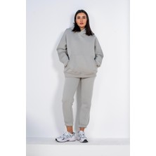 Yakamel Kadın 3 Iplik Baskısız Tek Renk Bol Kesim Rahat Kalıp Cepli Kapşonlu Yeni Sezon Kışlık Eşofman Takımı