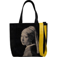 Kadın Vegan Siyah Large Tote Bag - Girl With a Pearl Earring Tasarım