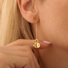 Nox Jewelry 14 Ayar Altın Kaplama Bal ve Çiçek Temalı Sallantılı Küpe - E00246
