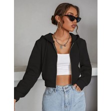 Kadın Fitted Crop Kapşonlu Zip Fermuarlı Polar Hırka Sweatshirt
