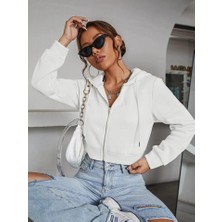 Kadın Fitted Crop Kapşonlu Zip Fermuarlı Polar Hırka Sweatshirt