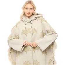 Kadın Çınar Desenli Kapüşonlu Püskül Detaylı Oversize Şık Tasarımlı Kalın Panço