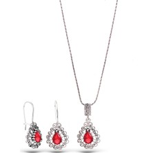 925 Ayar Gümüş Taşlı Damla Model Oksitli Telkari Kadın Set (Özel Kutulu)