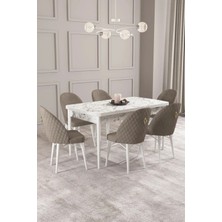 Sar Pakete Milano Serisi, Beyaz Mermer Desen 80 x 132 cm Açılabilir Mdf Mutfak Masası Takımı 6 Adet Sandalye