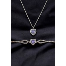 925 Ayar Gümüş Pırlanta Kalp Model Kadın 2 Li Set Bileklik Kolye (Özel Kutulu)