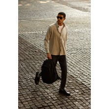 Oxford Slim Fit Dar Kesim Düğmeli Yaka Kareli Esnek Gri Gömlek