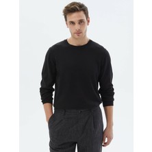 Kip Siyah Bisiklet Yaka Düz Örgü Pamuk Karışımlı Triko Kazak