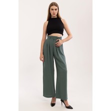 Yeşil (Çağla) Krep Pileli Palazzo Pantalon