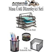 Artlantis Masa Üstü Siyah Fileli Kalemlik ve 3 Katlı Evrak Rafı 4 Parça 1 Paket 4 Lü Masa Üstü Düzenleyici Kalemlik Küp Notluk Ataşlık