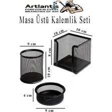 Artlantis Masa Üstü Siyah Fileli Kalemlik ve 3 Katlı Evrak Rafı 4 Parça 1 Paket 4 Lü Masa Üstü Düzenleyici Kalemlik Küp Notluk Ataşlık