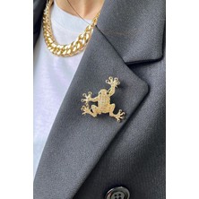 Altın Sarısı Kurbağa Figürlü Taşlı Broş