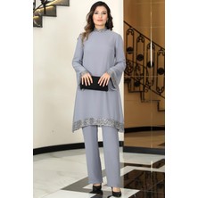 Umay Şifon Tunik Pantolon Ikili Tesettür Takım Gri