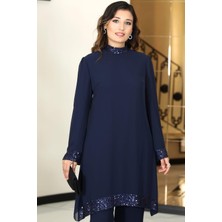 Umay Şifon Tunik Pantolon Ikili Tesettür Takım Lacivert