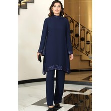 Umay Şifon Tunik Pantolon Ikili Tesettür Takım Lacivert