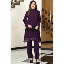 Umay Şifon Tunik Pantolon Ikili Tesettür Takım Mürdüm