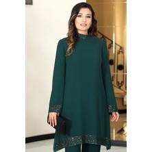 Umay Şifon Tunik Pantolon Ikili Tesettür Takım Zümrüt
