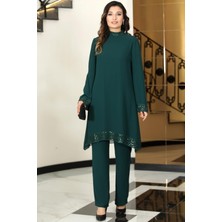 Umay Şifon Tunik Pantolon Ikili Tesettür Takım Zümrüt