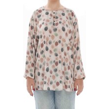 Moda Şen Yaprak Desenli Taş Rengi Dokuma Büyük Beden Kadın Bluz