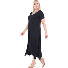 Melsay Butik Siyah V Yaka Yakası Şeritli Asimetrik Kısa Kollu Elbise