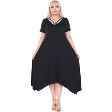 Melsay Butik Siyah V Yaka Yakası Şeritli Asimetrik Kısa Kollu Elbise