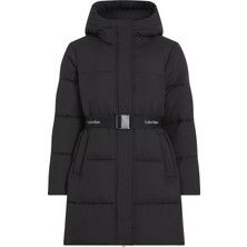 Calvin Klein Kadın Siyah Kapüşonlu Uzun Kollu Kemerli Şişme Mont Rüzgar Geçirmez L Beden